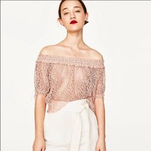 zara basic beige lace off the shoulder top